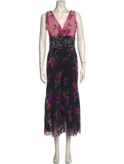 Pre-owned Fuzzi Floral Print Long Dress In Black