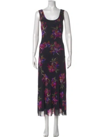 Pre-owned Fuzzi Floral Print Long Dress In Black