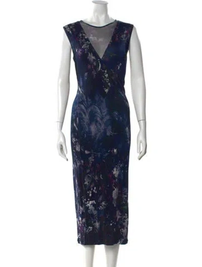 Pre-owned Fuzzi Floral Print Long Dress In Blue