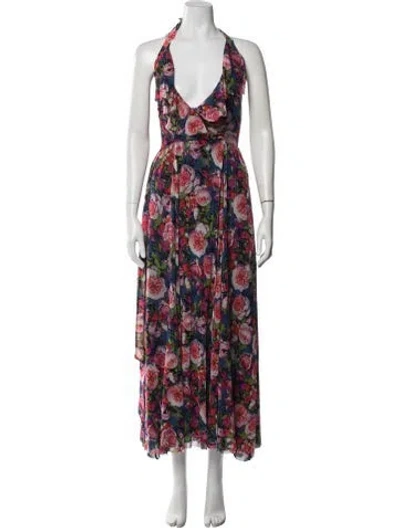 Pre-owned Fuzzi Floral Print Long Dress In Blue