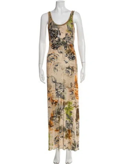 Pre-owned Fuzzi Floral Print Long Dress In Orange
