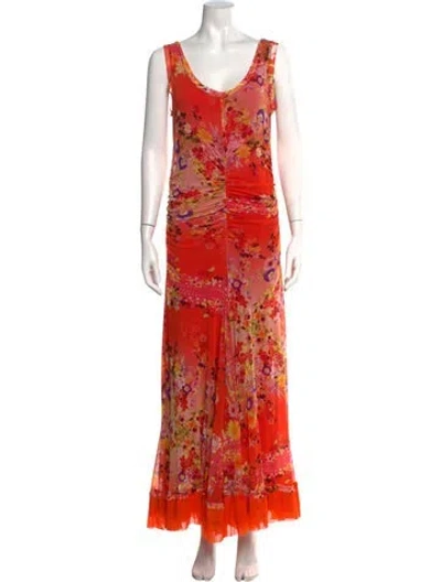 Pre-owned Fuzzi Floral Print Long Dress In Orange