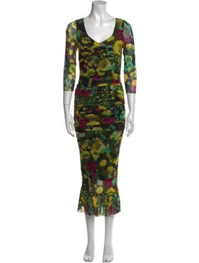 Pre-owned Fuzzi Floral Print Long Dress W/ Tags In Green