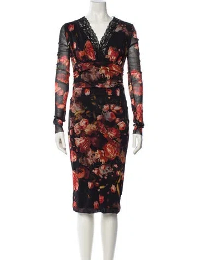 Pre-owned Fuzzi Floral Print Midi Length Dress In Black