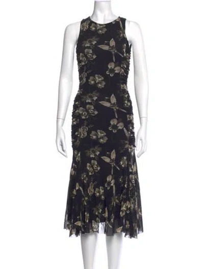 Pre-owned Fuzzi Floral Print Midi Length Dress In Black