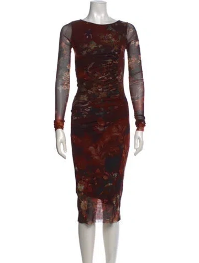 Pre-owned Fuzzi Floral Print Midi Length Dress In Brown