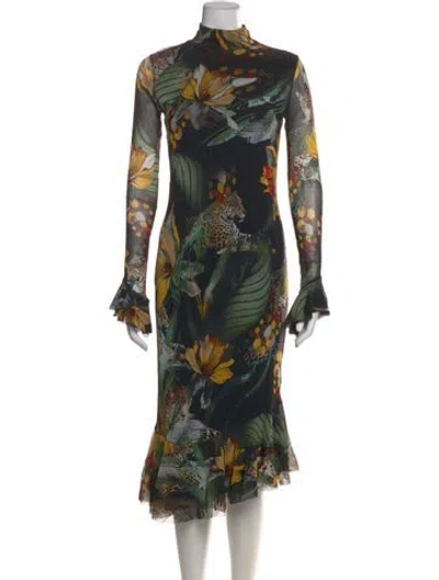 Pre-owned Fuzzi Floral Print Midi Length Dress W/ Tags In Green