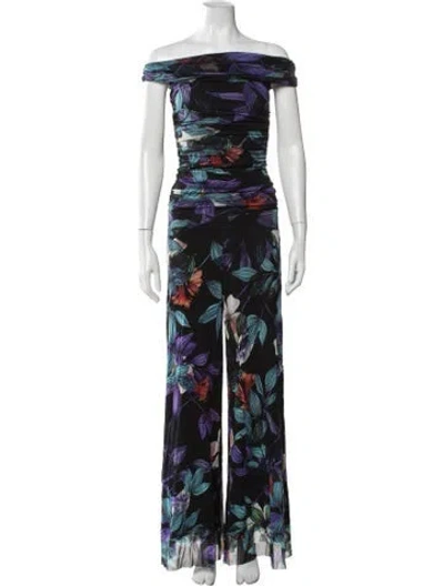 Pre-owned Fuzzi Floral Print Off-the-shoulder Jumpsuit W/ Tags In Blue