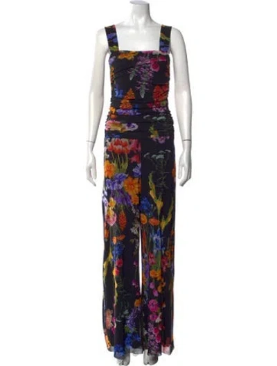 Pre-owned Fuzzi Floral Print Square Neckline Jumpsuit In Black