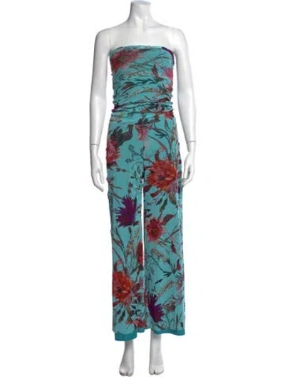 Pre-owned Fuzzi Floral Print Strapless Jumpsuit In Blue