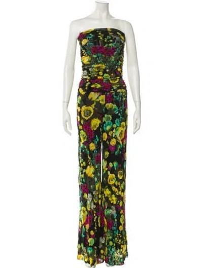 Pre-owned Fuzzi Floral Print Strapless Jumpsuit W/ Tags In Green