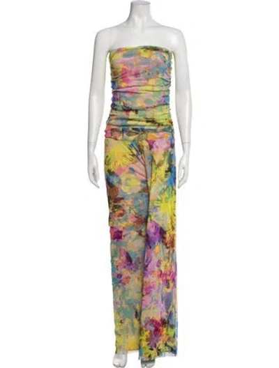 Pre-owned Fuzzi Floral Print Strapless Jumpsuit W/ Tags In Yellow