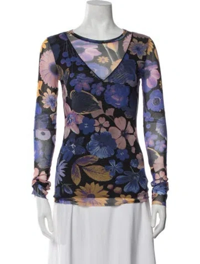 Pre-owned Fuzzi Floral Print V-neck Top In Blue