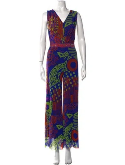 Pre-owned Fuzzi Graphic Print V-neck Jumpsuit In Blue