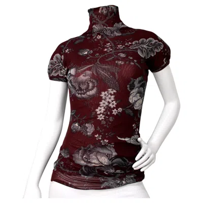 Pre-owned Fuzzi Maroon Floral Print Mesh Turtleneck Top Circa 1990s In Red