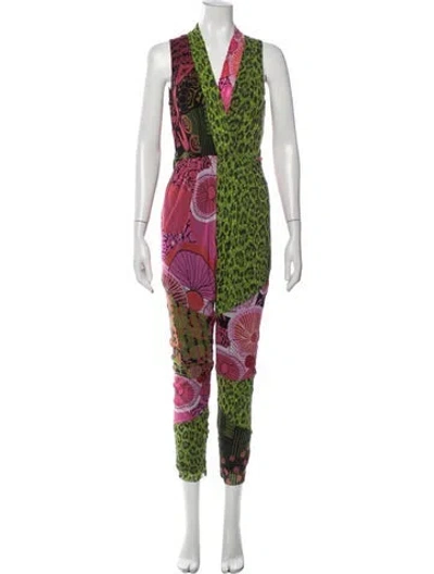Pre-owned Fuzzi Patterned V-neck Jumpsuit W/ Tags In Green