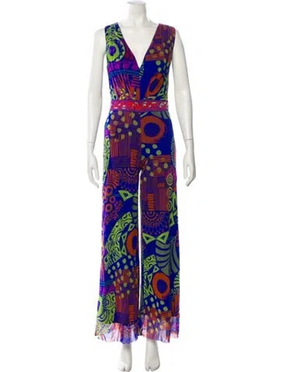 Pre-owned Fuzzi Printed V-neck Jumpsuit In Purple