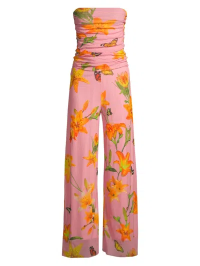 Fuzzi Women's Mesh Floral Strapless Ruched Jumpsuit In Cipriato