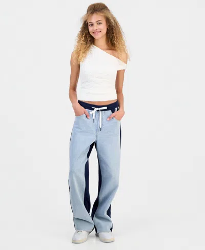 Fvr Drm Juniors' Hybrid Denim Wide Leg Sweatpants In White