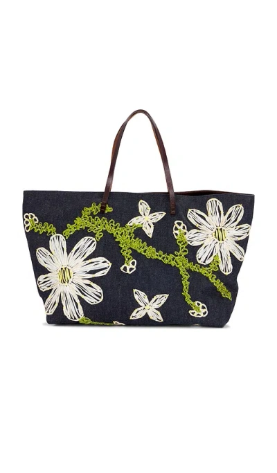 Fwrd Renew Fendi Flower Embroidered Denim Tote Bag In Blue