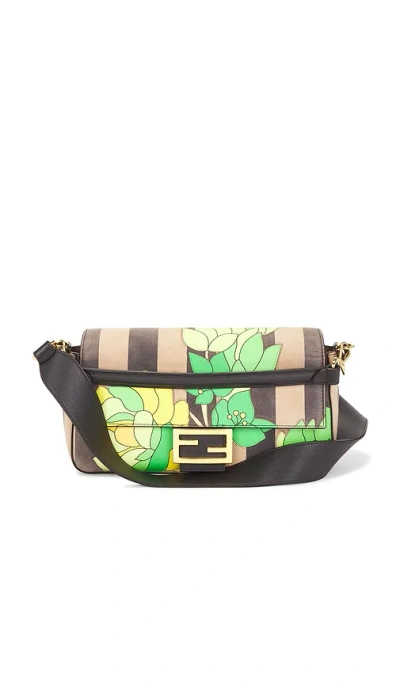 Fwrd Renew Fendi Nubuck Pequin Floral Baguette Shoulder Bag In Brown