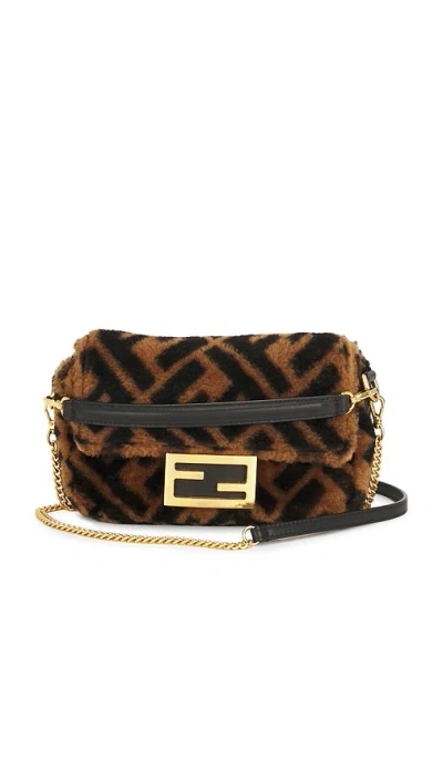 Fwrd Renew Fendi Shearling Vitello Dolce Macro Ff 1974 Mini Baguette Shoulder Bag In Brown