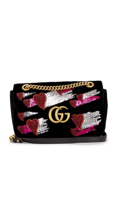 Fwrd Renew Gucci Embellished Velvet Gg Marmont Shoulder Bag In Black