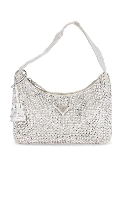 Fwrd Renew Prada Satin Crystal Embellished Re-edition 2000 Shoulder Bag In Metallic Silver