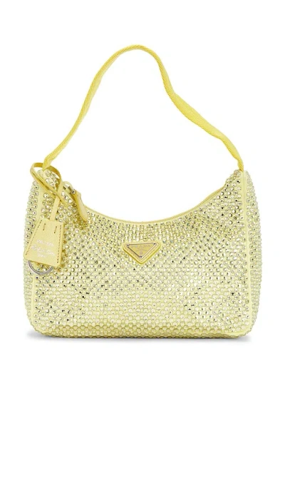 Fwrd Renew Prada Satin Crystal Mini Re-edition 2000 Shoulder Bag In Yellow