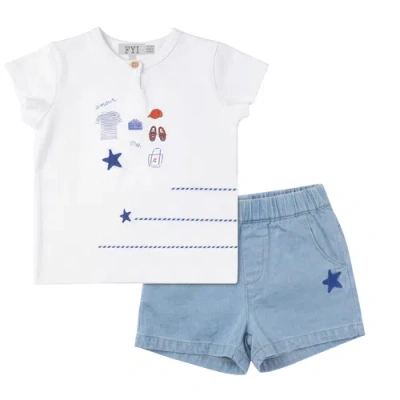 Fyi Babies'  Boy Star Embroidered Tee & Denim Shorts Two Piece Set In Blue