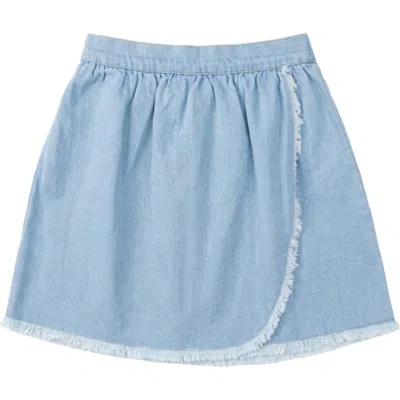Fyi Kids'  Woven Denim Fringe Hem Elastic Back Wrap Skirt In Blue