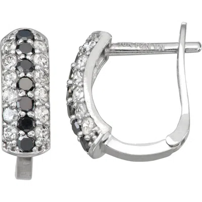 Fzn 10k White Gold Pavé Black & White Diamond Huggie Hoop Earrings