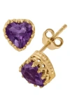 Fzn 14k Gold Plate Sterling Silver Heart Gemstone Stud Earrings In Amethyst-yellow