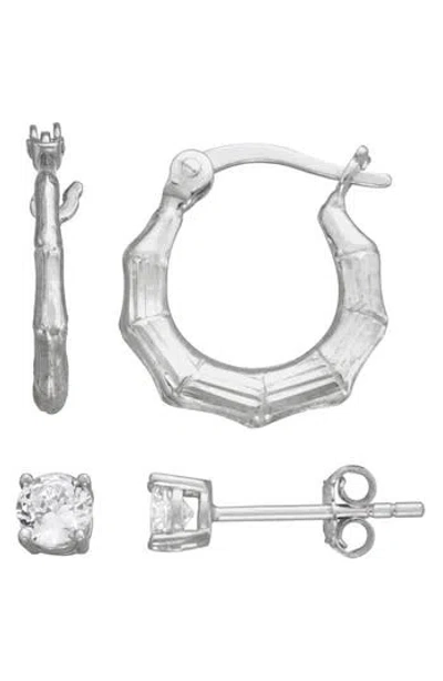 Fzn 2-piece Sterling Silver Cz Stud & Hoop Earrings Set In White