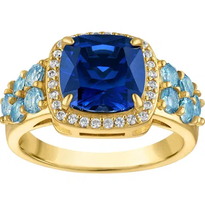 Fzn Cushion Cut Created Sapphire Halo Ring In Yellow