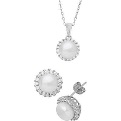 Fzn Cz & Freshwater Pearl Stud Earrings & Necklace Set In Metallic