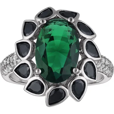 Fzn Emerald And Black Spinel Statement Ring In Silvertone/ Emerald