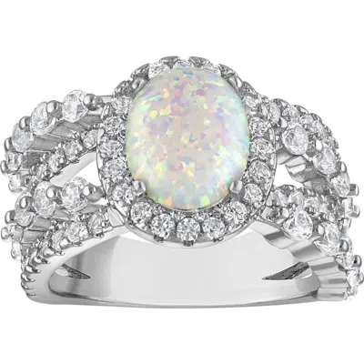 Fzn Oval Lab Created Opal Halo Statement Ring In White