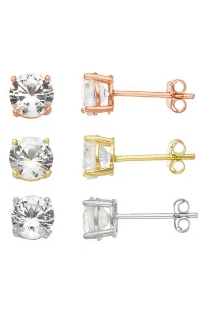 Fzn Set Of 3 Solitaire Cubic Zirconia Stud Earrings In Yellow