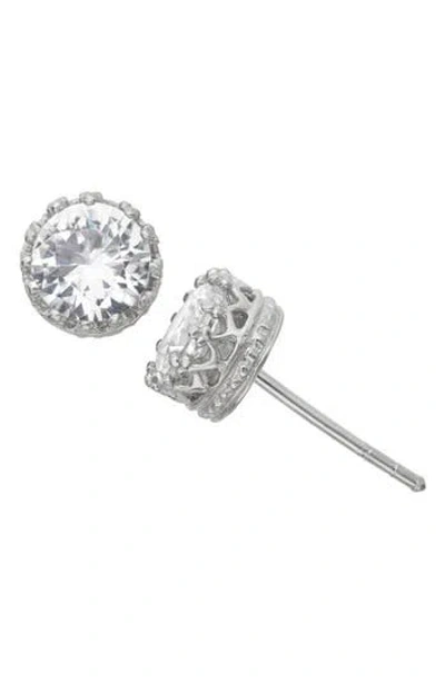 Fzn Sterling Silver Crown Stone Stud Earrings In Silver/white Sapphire