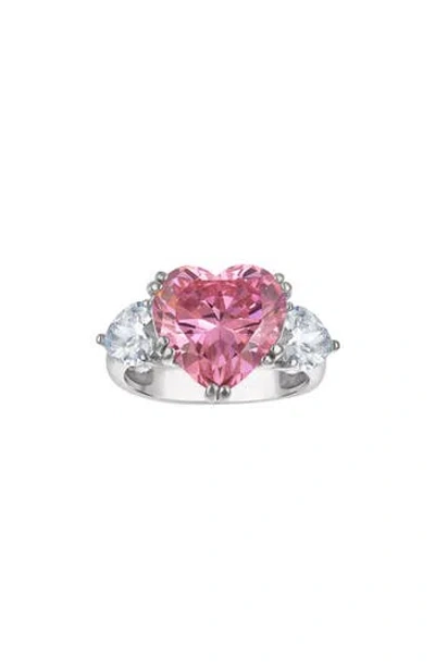 Fzn Sterling Silver Cubic Zirconia Heart Three Stone Ring In Multi