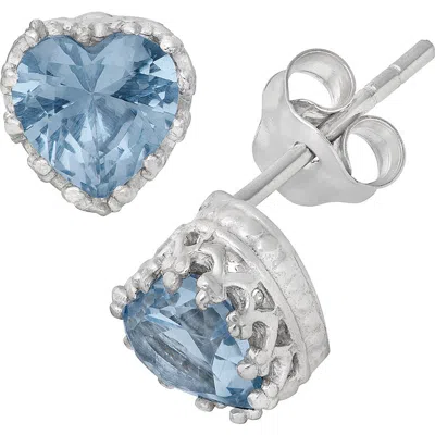 Fzn Sterling Silver Gemstone Heart Stud Earrings In Aquamarine-white