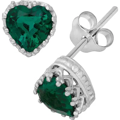 Fzn Sterling Silver Gemstone Heart Stud Earrings In Emerald-white