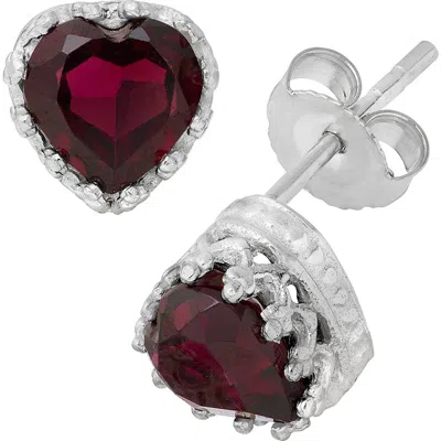 Fzn Sterling Silver Gemstone Heart Stud Earrings In Garnet