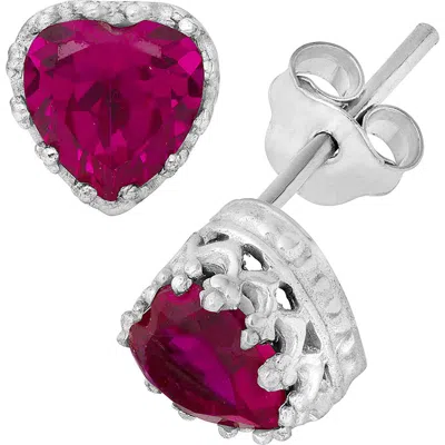 Fzn Sterling Silver Gemstone Heart Stud Earrings In Ruby-white