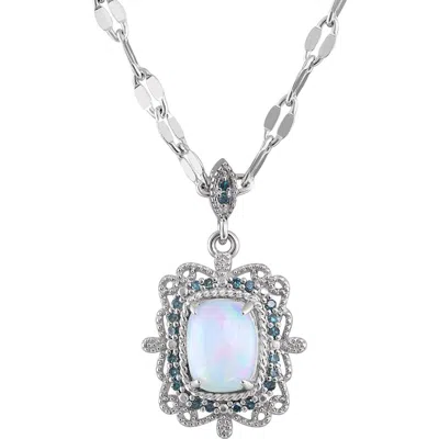 Fzn Sterling Silver Opal & Blue Diamond Pendant Necklace In White
