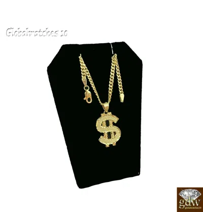 Pre-owned G&d 10k Gold Charm Pendant Money Sign With Miami Cuban Chain In 22 24 26 28 Inch