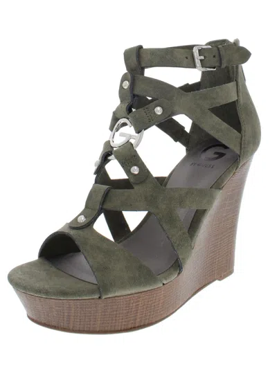 G By Guess Dodge Womens Embellished Faux Leather Wedge Sandals In Green