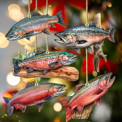 G. Debrekht Alaskan Salmon Wooden Christmas Ornaments Set Of 5 By  In Multi