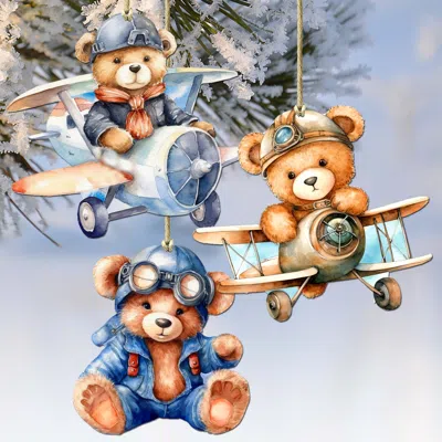 G. Debrekht Aviator Teddy Bear Decorative Wooden Christmas Ornaments Of 3 By  In Multi
